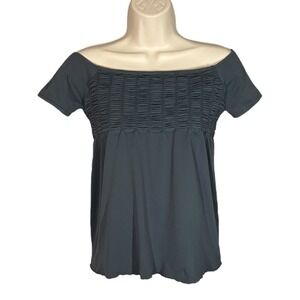 BCBGMAXAZRIA Gray Smocked Off‎ Shoulder Top M/L Made in USA Empire Stretch NWOT